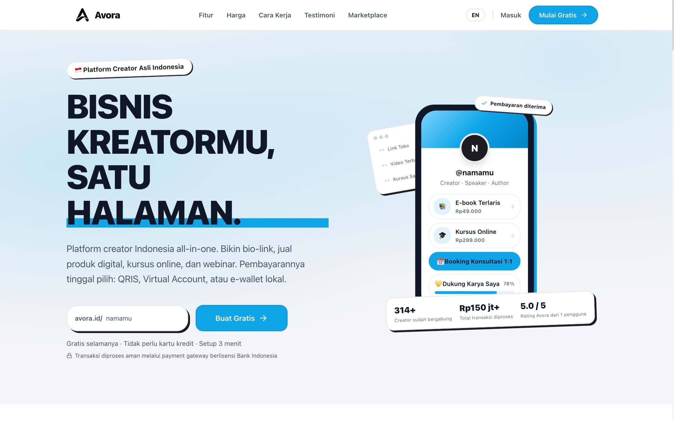 Avora landing page: bio-link storefront for Indonesian creators with QRIS payments